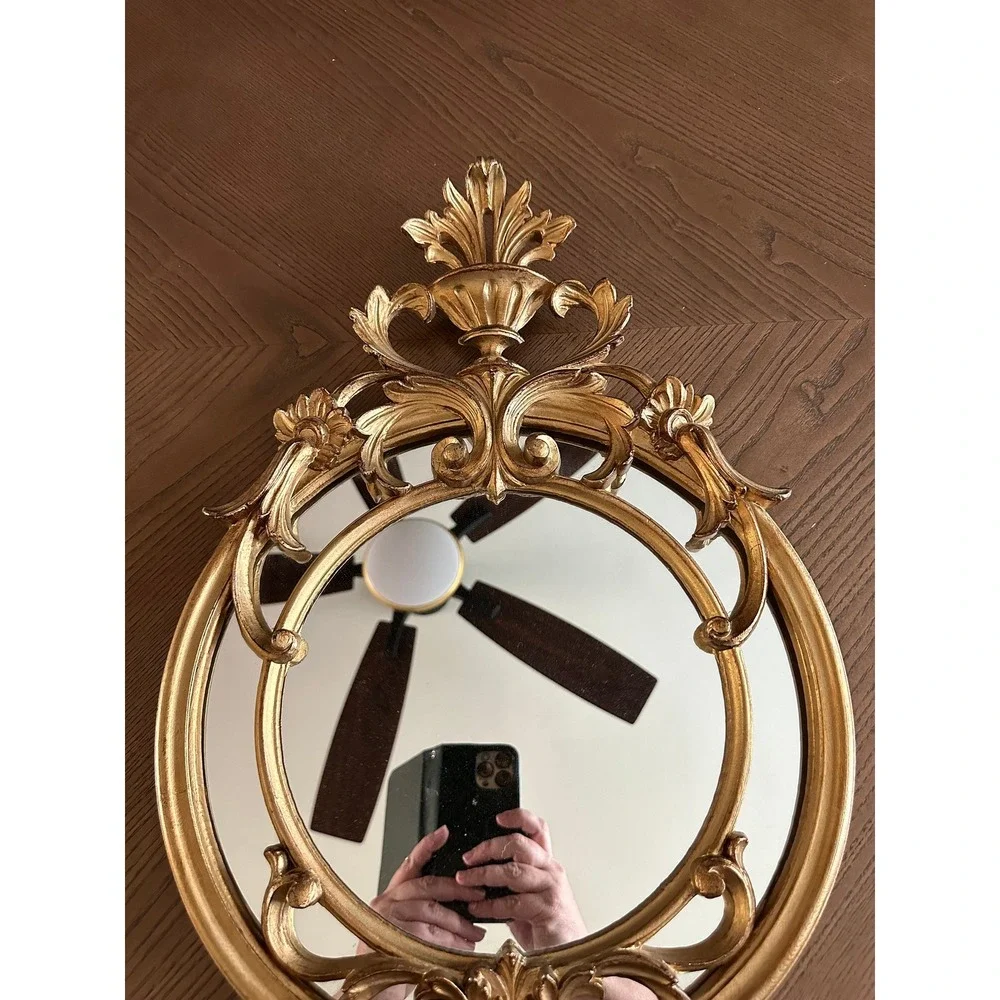 1950s Vintage Gilded Round Italian Wall Mirror Old Hollywood Gilded‎ Baroque